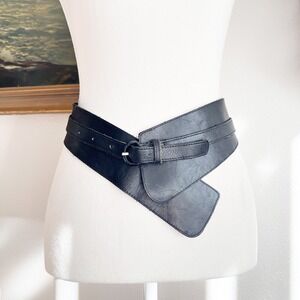 Vintage 80s Black Leather Statement Belt Chunky Big Thick Wide Boho Chic